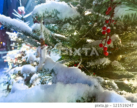 Frozen branches covered with snow and icicles of a Christmas tree on a background of the city. Winter background.  121519247