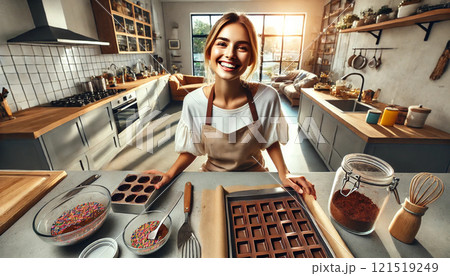 陽光あふれるモダンキッチンで手作りチョコレートを楽しむ笑顔の女性 121519249