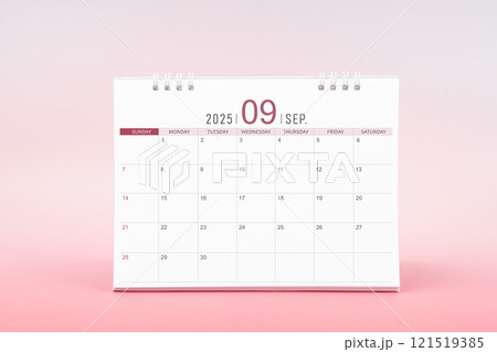 September blank desk calendar for 2025 year on pink background. September blank desk calendar for 2025 year on pink background. 121519385