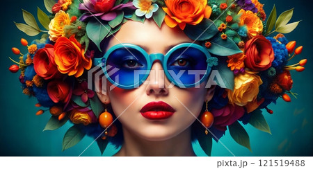 Beautiful Woman with Floral Headpiece and Blue Sunglasses 121519488