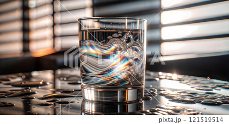Colorful, abstract illustration with water flows and a glass. Surrealism of the constituent elements 121519514