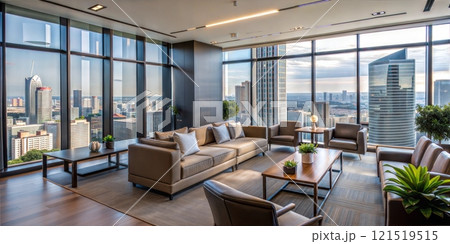 Contemporary penthouse interior overlooking metropolis 121519515