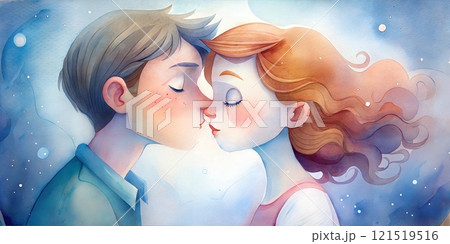 Watercolor Illustration of Young Couple About to Kiss in Romantic Moment 121519516