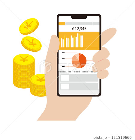 スマホで資産運用・管理をしている人の手のイラスト 121519660