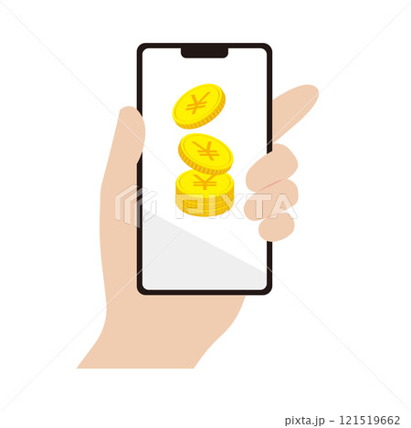 ポイントやコインをゲットしたスマホを持つ手のイラスト素材 121519662