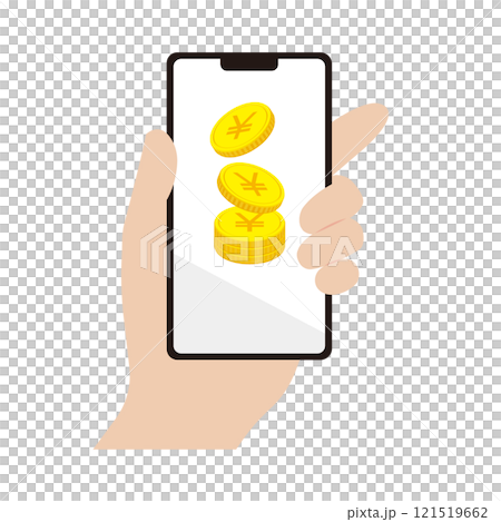 ポイントやコインをゲットしたスマホを持つ手のイラスト素材 121519662