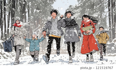 雪の日に家族で仲良く散歩に出かけている