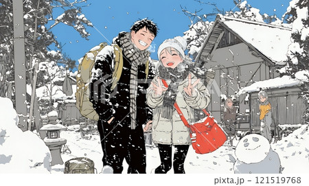 雪の日に家族で仲良く散歩に出かけている