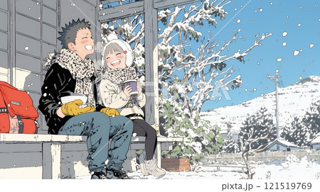 雪の日に家族で仲良く散歩に出かけている