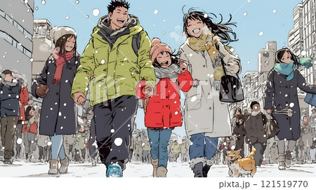 雪の日に家族で仲良く散歩に出かけている