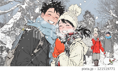 雪の日に家族で仲良く散歩に出かけている