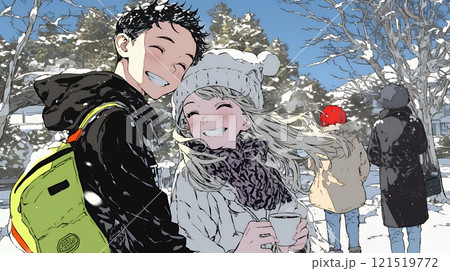 雪の日に家族で仲良く散歩に出かけている