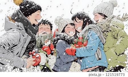 雪の日に家族で仲良く散歩に出かけている 雪の日に家族で仲良く散歩に出かけている 121519773