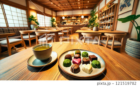 抹茶とカラフルなチョコレートが並ぶ和風カフェの木製テーブル 抹茶とカラフルなチョコレートが並ぶ和風カフェの木製テーブル 121519782