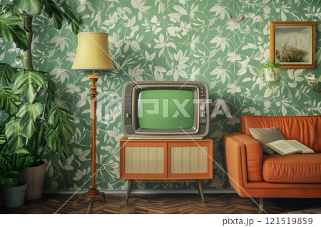 Animated retro vintage portable television in old style room with green screen Animated retro vintage portable television in old style room with green screen 121519859