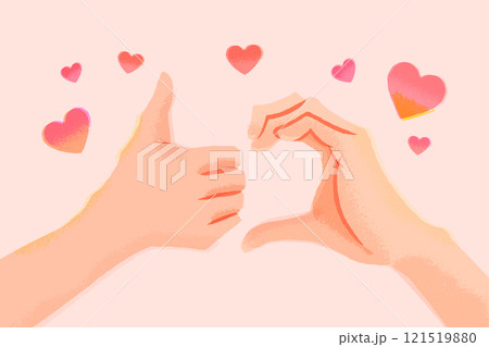 片思いハート / ハートとグッドのポーズをする2人の手 121519880