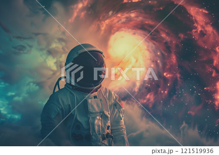 Retrofuturistic portrait of an astronaut navigating a cosmic storm 121519936