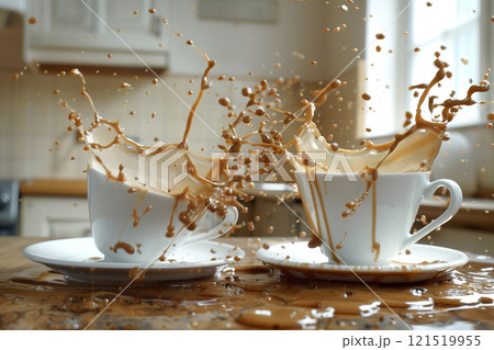 Close-up of coffee overflowing from cups, capturing the rich aroma and creamy texture 121519955