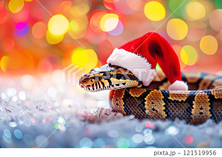 Striped royal python snake wearing a festive santa claus hat isolated on lights bokeh background 121519956