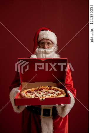 Santa claus holding an opened pizza box against a red background 121520055