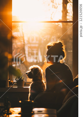 A heartwarming scene of a woman and her dog enjoying golden sunlight filtering through a window 121520056
