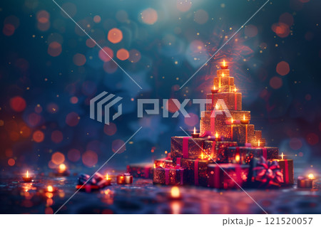 A stack of glowing christmas gifts shaped like a festive tree greeting card 121520057