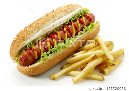 Classic american hot dog with lettuce, mustard, ketchup, and fries on sesame seed bun 121520058