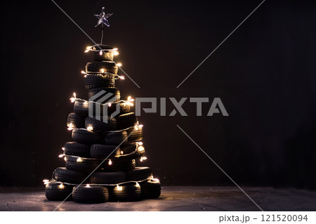 Christmas tree made of car tires and wheels on black background with copy space 121520094