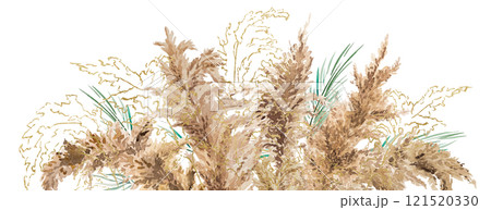 Border with watercolor beige, green and golden pampas grass, Boho Wedding isolated illustration 121520330