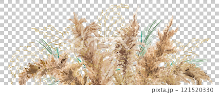 Border with watercolor beige, green and golden pampas grass, Boho Wedding isolated illustration 121520330