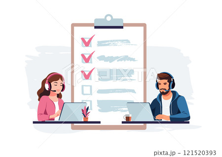 Survey concept. Feedback from customers or opinion form. Client answers understanding with professional research team. Characters filling survey form. 121520393