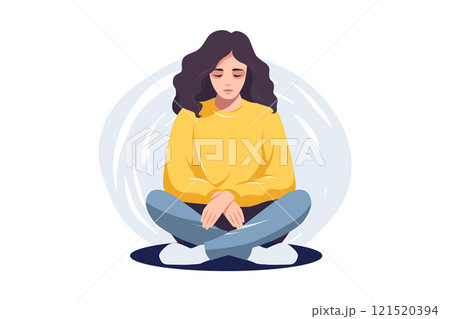Woman with mental health problems. Sad woman in despair. Depression signs and symptom. Stress and loneliness. Vector illustration. 121520394