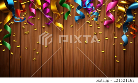 Colorful party streamers and confetti on wooden background celebrating festive occasions 121521165