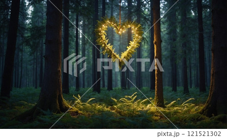 glowing heart in the evening forest 121521302