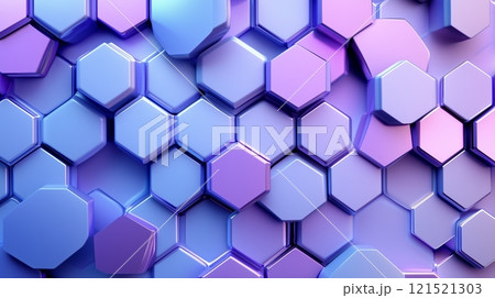 A background of areas made of radial symmetrical and hexagonal surfaces, blue-purple pastel colors. 121521303