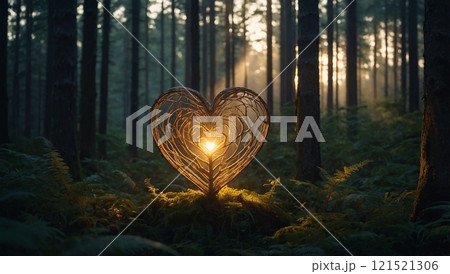 glowing heart in the evening forest 121521306