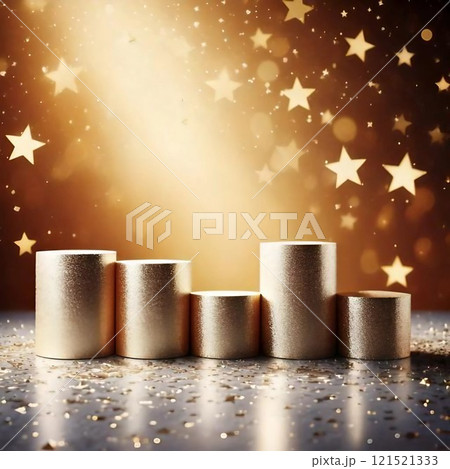 星型のボケライト付背景に五つの円柱の展示台とシルバーの床がある正方形バナー。AI生成画像 121521333