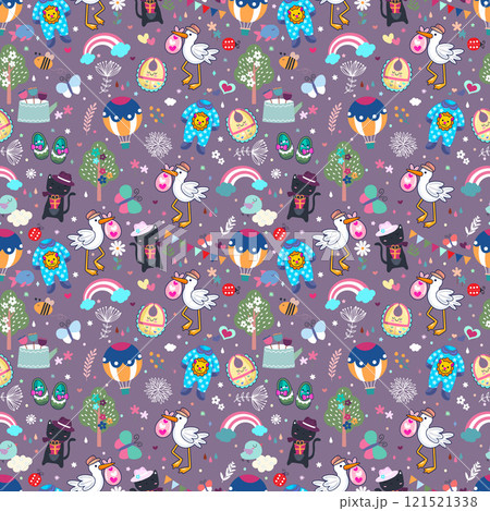 Baby illustration, colorful seamless pattern, baby clothes, rainbow, birds, animals, illustration, vector 121521338