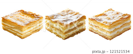 Set of isolated mockup of three Napoleon layer puffs on a transparent background. 121521534