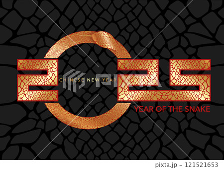 2025 Chinese New Year in black background. Year of the Snake. Vector modern art gold design for cover, card, poster, banner, logo zodiac sign. Scales texture 121521653