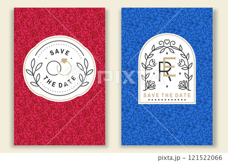 Wedding invitation card, flyer, poster, banner. Vector Thin line geometric badge. Design templates and elements for save the date invitation card design with wedding rings and leaf, flowers decor Wedding invitation card, flyer, poster, banner. Vector Thin line geometric badge. Design templates and elements for save the date invitation card design with wedding rings and leaf, flowers decor 121522066