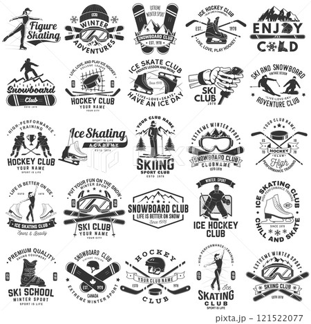 Ski, Ice Skate, Hockey and Snowboard Club emblem. Vector. Concept for shirt, print, stamp, badge. Vintage typography design with snowboarder, skate, skates blades and skier silhouette. Winter sport Ski, Ice Skate, Hockey and Snowboard Club emblem. Vector. Concept for shirt, print, stamp, badge. Vintage typography design with snowboarder, skate, skates blades and skier silhouette. Winter sport 121522077