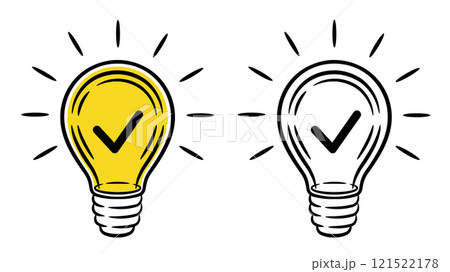 Light bulb with checkmark, creative idea, success solution check mark, quick tips line icon. Electric lightbulb, approved tick. Good choice confirmation. Important fact, innovation information vector 121522178