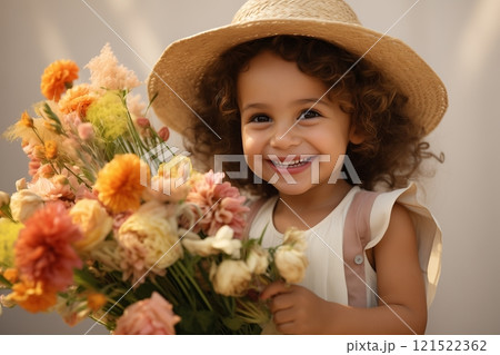 A cheerful child in a straw hat holding a colorful bouquet of flowers, radiating joy and innocence. A cheerful child in a straw hat holding a colorful bouquet of flowers, radiating joy and innocence. 121522362