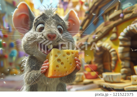 A cheerful cartoon mouse enjoys a piece of cheese in a vibrant, whimsical village filled with color and charm. 121522375