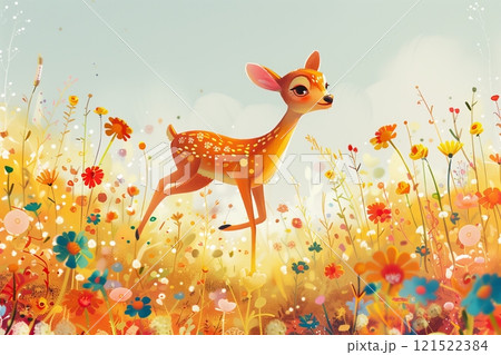 A charming illustration of a playful deer running through a vibrant field full of colorful flowers. 121522384