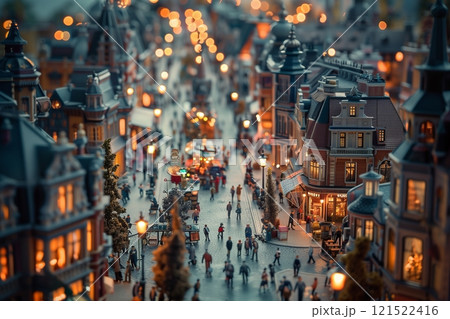 A bustling miniature city scene with intricate buildings and vibrant lights, capturing urban life and architecture. 121522416