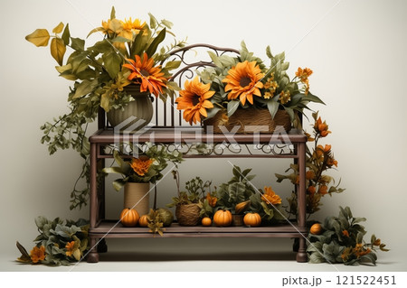 A beautifully arranged display of vibrant sunflowers and autumn leaves in warm shades of orange and green. A beautifully arranged display of vibrant sunflowers and autumn leaves in warm shades of orange and green. 121522451