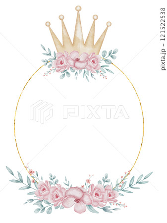 Watercolor illustration for Template with golden crown adorned with pink flowers and green leaves. Floral Frame for baby shower invitations, princess themes and wedding greeting cards. 121522538
