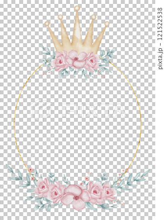 Watercolor illustration for Template with golden crown adorned with pink flowers and green leaves. Floral Frame for baby shower invitations, princess themes and wedding greeting cards. 121522538